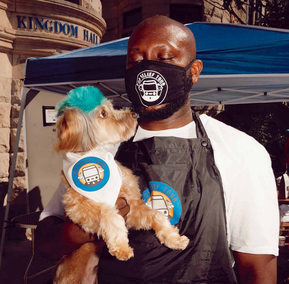 Brian wearing a Face mask with a freshly groomed pup