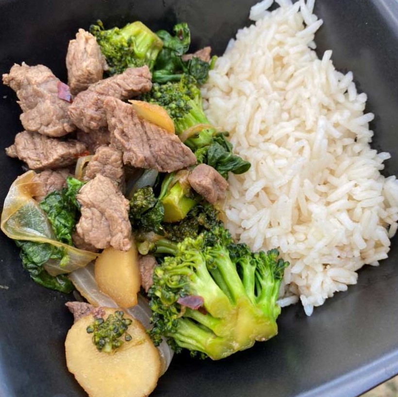 Beef and broccoli with jasmine rice