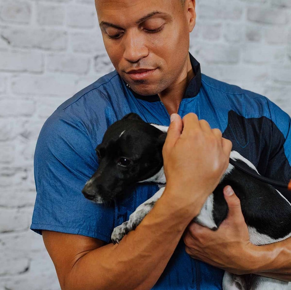 Groomer Jason holding Bodhi