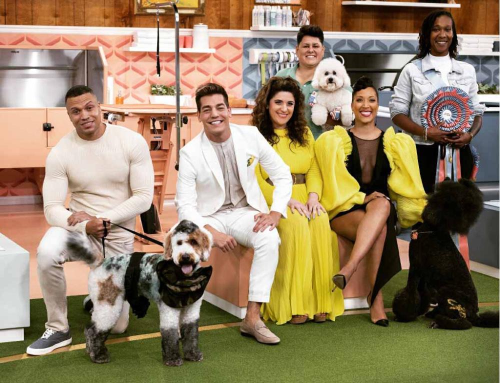 The cast from Jason's episode of Haute Dog on HBO Max - left to right - Jason, Matt Rogers, Jenn Rona, Jess of Pupparazzi Pets, Robin Thede, and Jas the Pet Stylist