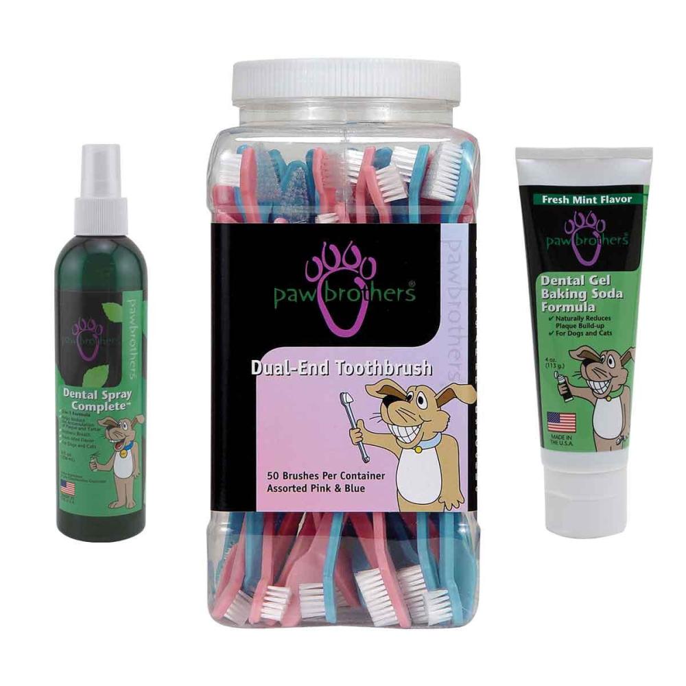 Paw Brothers Dental Spray, Dual-End Toothbrushes, and Dental Gel for Dogs