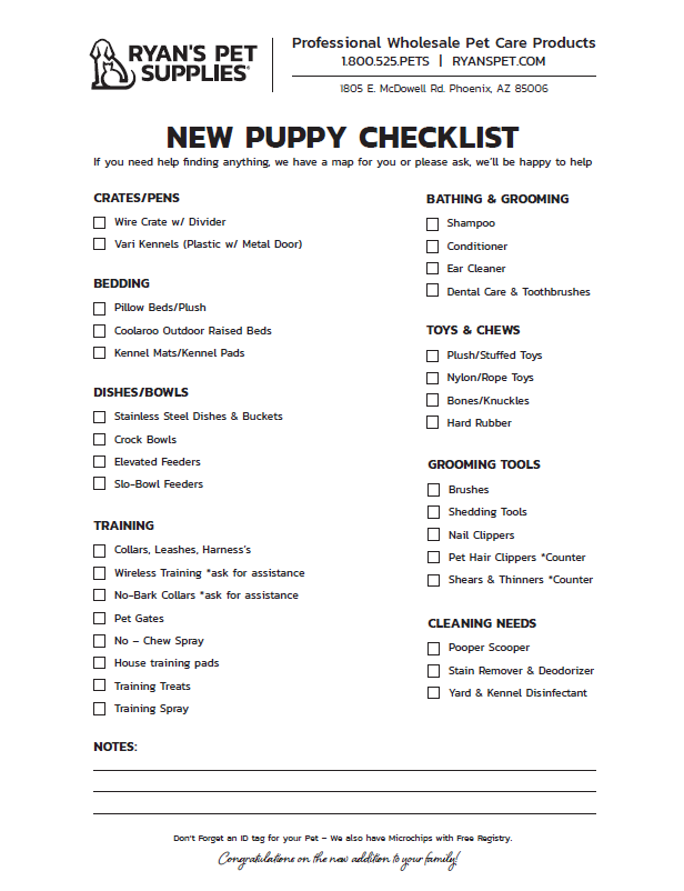 Ryan's Pet Supplies New Puppy Checklist