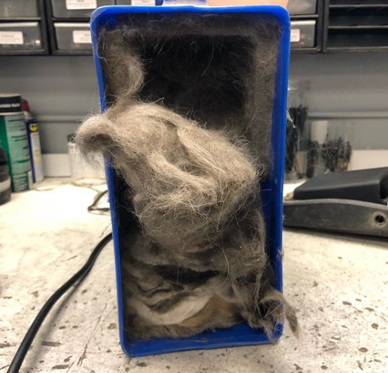 Grooming dryer overdue for maintenance has hair and fur spilling out of it